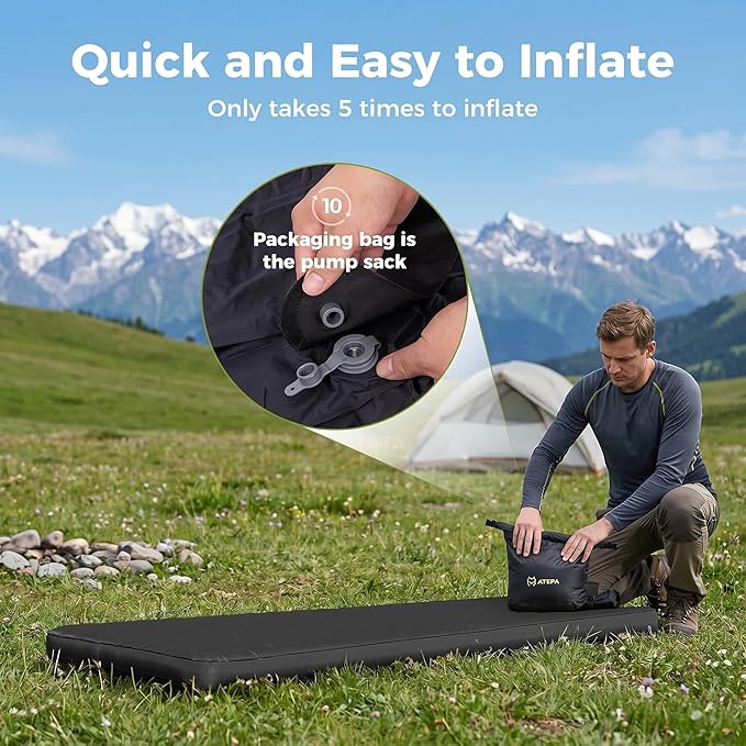 ATEPA ThermAir Pro Insulated Sleeping Pad for Backpacking, 6.6 R-Value 4” Thick Ultralight Quiet Camping Air Mattress with Pump Sack, Wide Long 77”x25”, 4-Season Sleeping Mat for Hiking Travel, Black