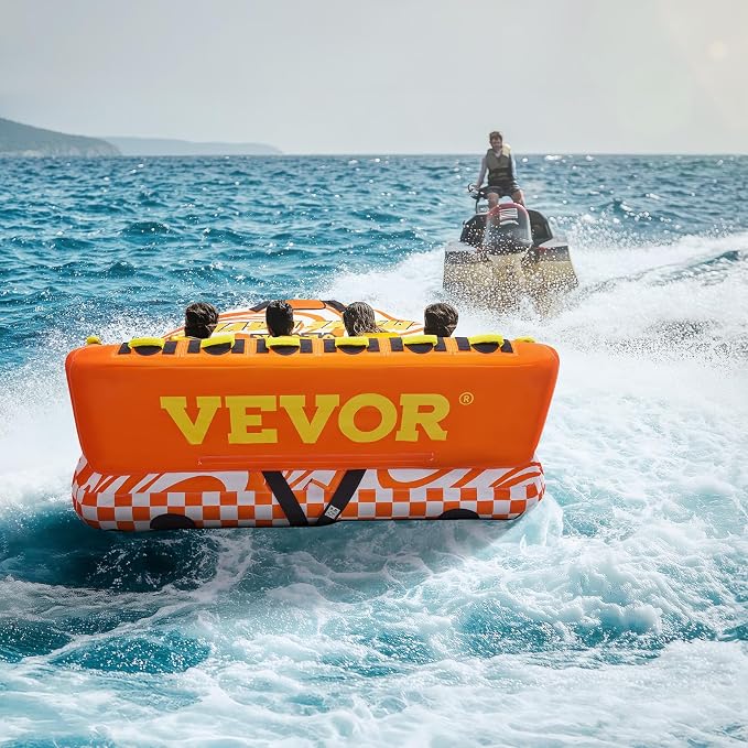 VEVOR Towable Tube for Boating, 1-4 Riders Inflatable Boat Tubes and Towables, 680lbs Water Sport Towable Tube for Boat to Pull - with Full Nylon Cover, 22 Grab Handles, Dual Tow Points & Safety Valve