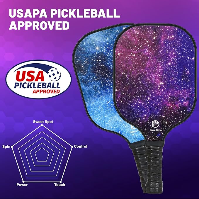 Dulce DOM Pickleball Paddles Set of 2/4 - USAPA Approved, 4 Indoor Outdoor Pickleball Balls, Fiberglass Surface Paddle Racket with Cover Bag, Ideal Training Equipment Gift for Men & Women
