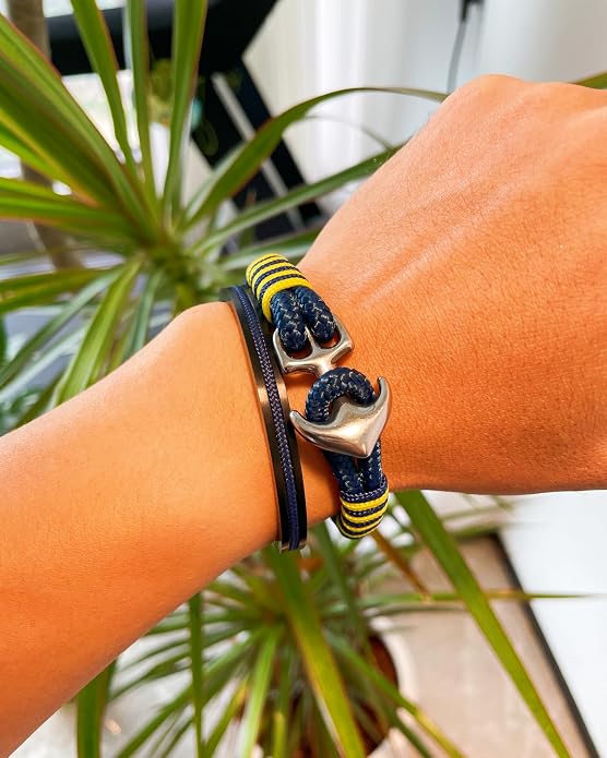 Men's Nautical Anchor Cuff Bracelet, Handmade Black & Blue Stainless Steel Rope Wristband with Lobster Claw Clasp