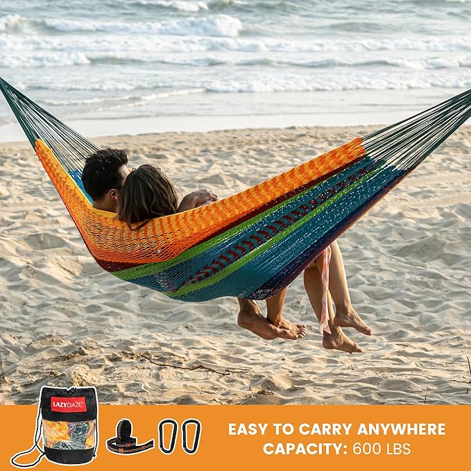 Lazy Daze Hammocks Handwoven XL Mayan Hammock, 10.5 FT Soft Rope Double Hammocks, Portable Outdoor Hammock with Carry Bag, 2 Straps & Carabiners for Patio Outside, 550 lbs Weight Capacity, Multi Color