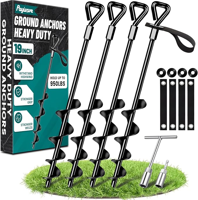 19-Inch Ground Anchors Heavy Duty, Trampoline Stakes Anchors Screw-in for High Wind, Earth Anchor with Strong Straps for Swing Sets, Trampolines, Mobile Home, Sheds, Carports(4x19in)