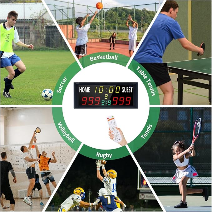 YZ 16” Large Electronic Scoreboard with Remote, Bright LED Scoreboard for Outdoor Games, Digital Scoreboard with Timer Clock, Portable Score Keeper for Football/Basketball/Cornhole/Volleyball