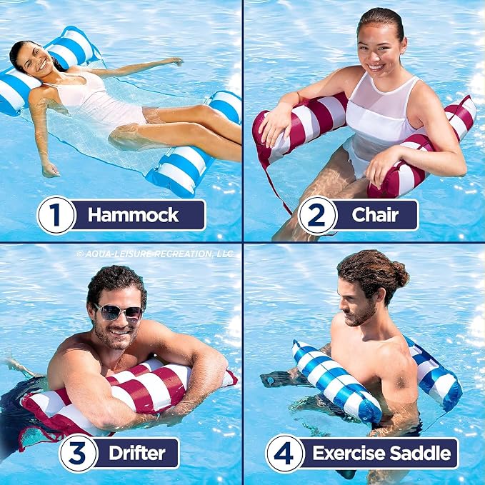 Aqua 4-in-1 Monterey Hammock Pool Float & Water Hammock, Multi-Purpose, Inflatable Pool Floats for Adults, Patented Thick, Non-Stick PVC Material, One Light Blue & One Burgundy/White Stripe, 2-Pack