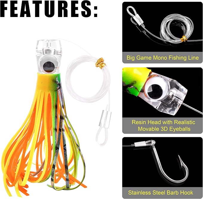 Trolling Lures Saltwater for Tuna Mahi Marlin Wahoo Dolphin Shark Offshore Trolling Baits with Squid Skirt Big Game Fishing Lures Deep Sea Squid Skirts Rig 6/9 inch