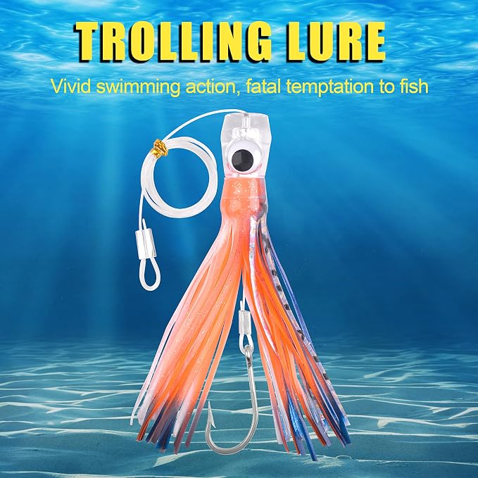 Trolling Lures Saltwater for Tuna Mahi Marlin Wahoo Dolphin Shark Offshore Trolling Baits with Squid Skirt Big Game Fishing Lures Deep Sea Squid Skirts Rig 6/9 inch