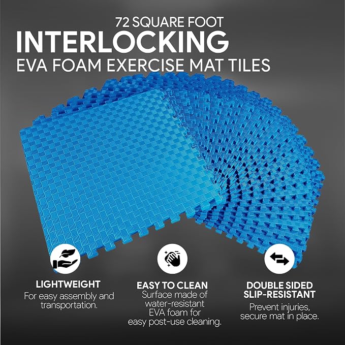 BalanceFrom Puzzle Exercise Mat 1" Thick, EVA Interlocking Foam Floor Tiles for Home Gym, Mat for Home Workout Equipment, Floor Padding for Kids, Blue, 24 in x 24 in x 1 in, 72 Sq Ft - 18 Tiles