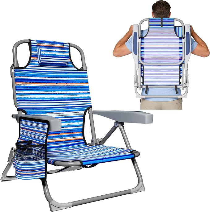 DIAMONDFORGE Lightweight Portable Beach Chair for Adults, 350 LBS Capacity Backpack Beach Chair, Reclining Beach Chair with 5-Position Lay Flat, Large Cup Holder for Beach Camping Sports, 1 Pack
