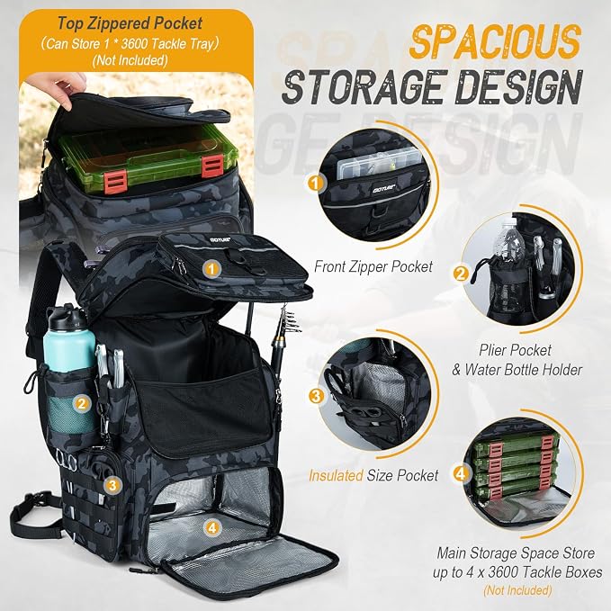 Goture Fishing Backpack, 900D Water-Resistant Tackle Bag with Rod Holders, Insulated Cooler Compartment, 55L Large Capacity Fishing Gear Storage for Saltwater&Freshwater Camping Hiking,Gifts for Men