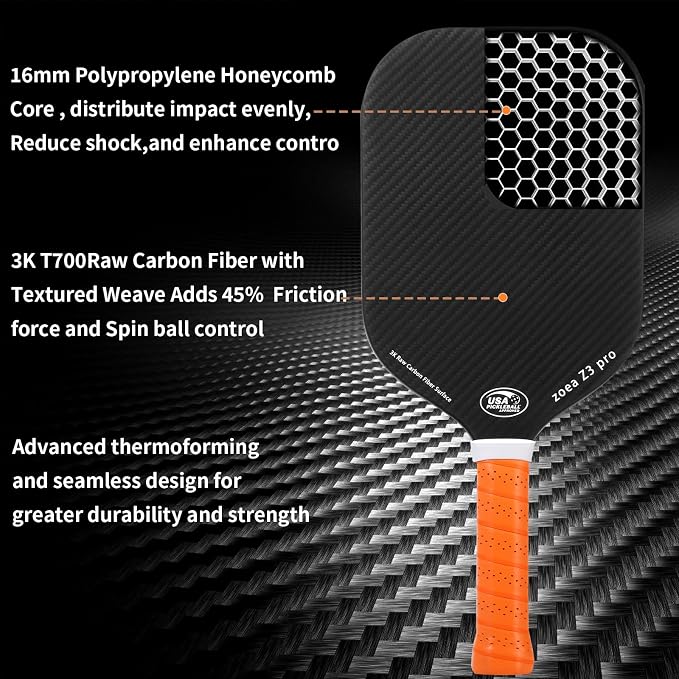 ZOEA Pickleball Paddle, Edgeless 3K T700 Carbon Fiber, CFS + CAS Dual Surface, High Grit & Spin, 16MM Honeycomb Core, USAPA Approved, 8.2oz for Men Women