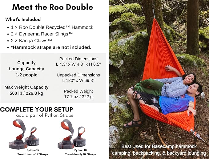 KAMMOK: Roo Double Hammock | Made from Strong & 100% Recycled Water Resistant Ripstop Fabric | Comfortable, Packable, Lightweight (Lifetime Adventure Grade Warranty), Midnight Blue