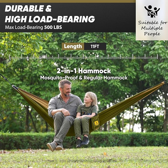 Camping Hammock with Mosquito Net, 500 lbs Portable Hammock with Tree Straps, 2-in-1 Double/Single Travel Hammock Tent for Outside/Indoor/Backpacking/Beach - Green & Khaki