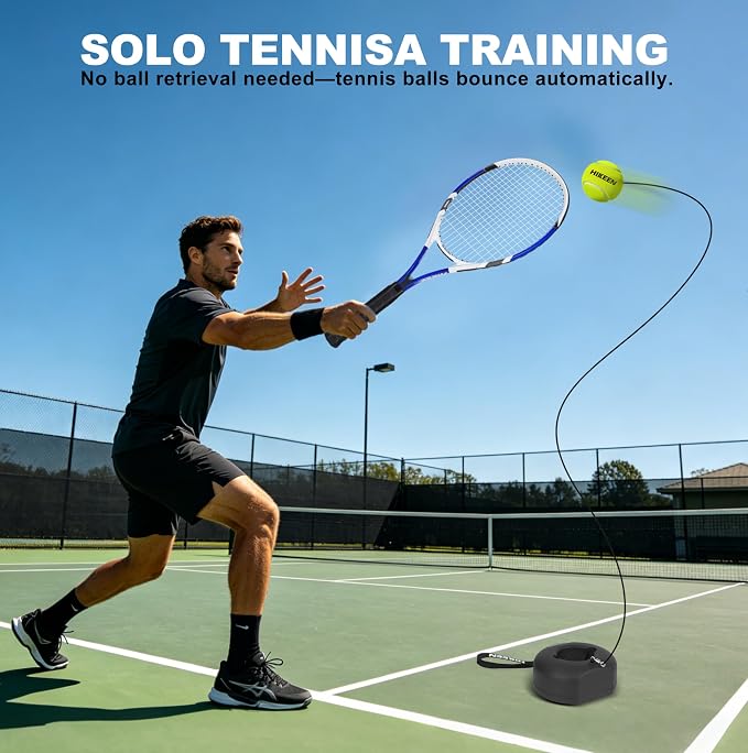 Hikeen Premium Tennis Trainer Rebound with Metal Base,Portable Solo Tennis Trainer Set with 3 Highly Elastic String Balls,Tennis Practice Equipment for Adult Kids an Beginners