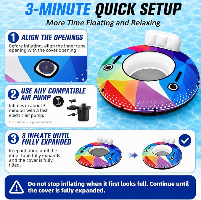 ZEALFEEL River Tube, 53'' River Float Tube with Premium Canvas Cover, Comfortable Backrest, 2 Built-in Cup Holders, Tow Strap & Handles, Inflatable PVC Water Inner Tubes for Adults Lake Pool Floating