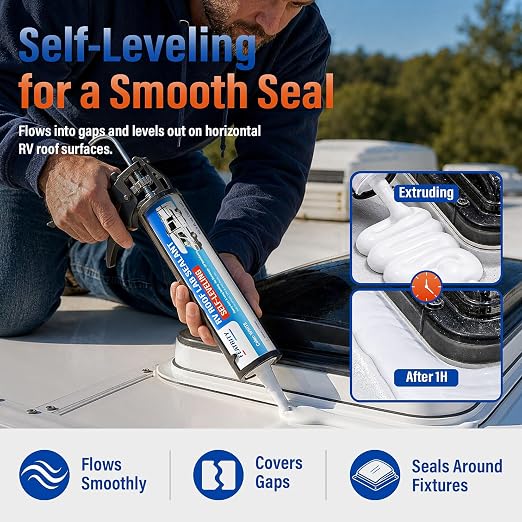RV Roof Sealant Self-Leveling: White Lap Sealant for Camper Roof Leak Repair, Waterproof Weatherproof Caulk for EPDM TPO Rubber Roof Seams, Skylights, Air Vents, 10.3 oz Tubes 2-Pack