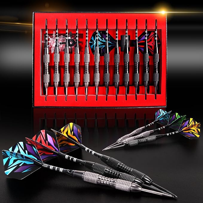 WINSDART Steel Tip Darts 12 Pack Set with Nonslip Iron Barrel Aluminum Dart Shafts and Flights Darts Sharpener an Gift Box