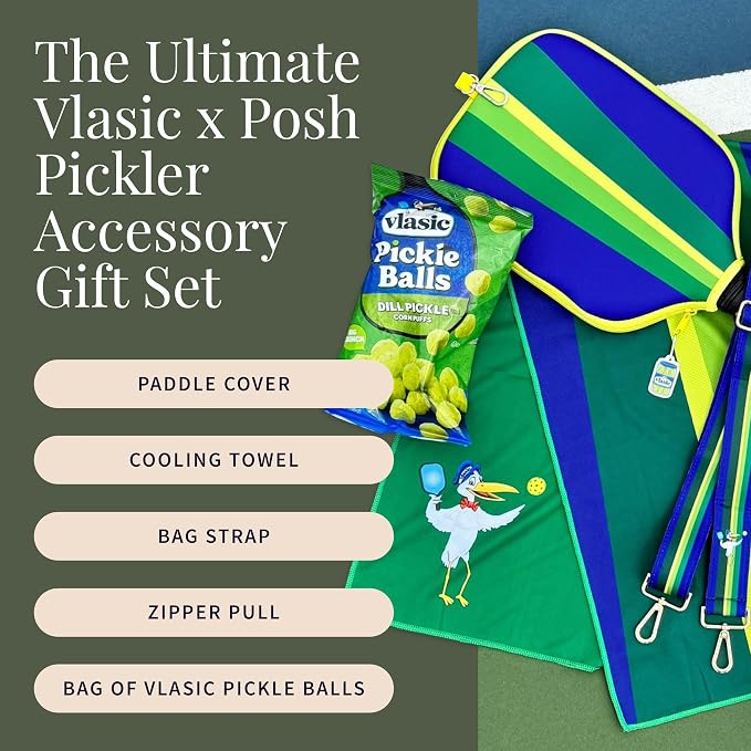Posh Pickler Vlasic Pickles Pickleball Accessories Gift Set, Pickleball Paddle Cover, Sports Cooling Towel and Bag Strap, Vlasic Pickle-Themed for Pickleball Players