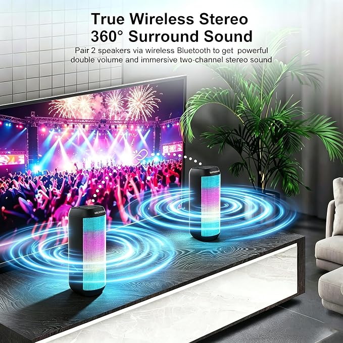 Portable Bluetooth Speaker Powerful HD Loud Sound, LED Lights, IPX4 Wateproof, 24H Playtime, Wireless TWS Pairing, Built-in Mic, for Home/Outdoor/Party, Birthday Gifts for Father Men Dad Husband