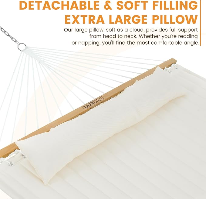 Lazy Daze Hammocks 10.5FT 2 Person Double Quilted Fabric Hammock with Spreader Bar, Detachable Pillow, Side Pocket, Carabiners, Chains, Straps for Outdoor, 450lbs Capacity, Beige