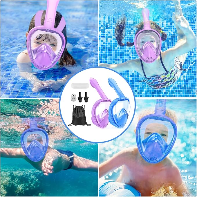 Kids Snorkel Mask Full Face, Snorkeling Gear for Kids with Camera Mount, 180 Degree Panoramic View Snorkeling Set Anti-Fog Anti-Leak