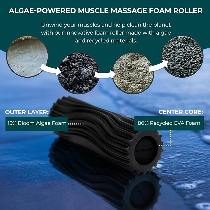 Oceanfoam Ripple Travel Foam Roller (11" x 3.35") Firm Mini Foam Roller for Physical Therapy, Deep Tissue Massage, Back Pain - High Density, Ergonomic Wave Textured - Yoga, Pilates, Exercise (Black)