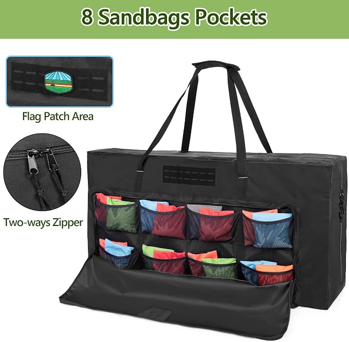 GOBUROS Cornhole Carrying Case Fits Regulation Size Board, Cornhole Carrying Bag with Front Sandbag Pockets, Two-Ways Zipper and Padded Shoulder Strap, Only Bag