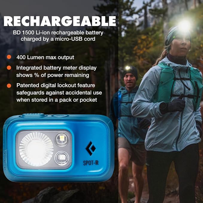 BLACK DIAMOND Spot 400-R Rechargeable Headlamp | 400 Lumens, Dimmable | Micro-USB Charging | Waterproof & Compact | Camping, Hiking, Running | BD Azul