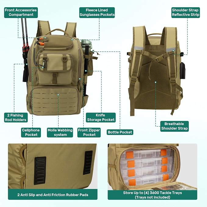 Pyrrhus 40L Fishing Backpack with Rod Holders & Insulated Cooler Compartment, Camping Cooler Tackle Storage for Anglers