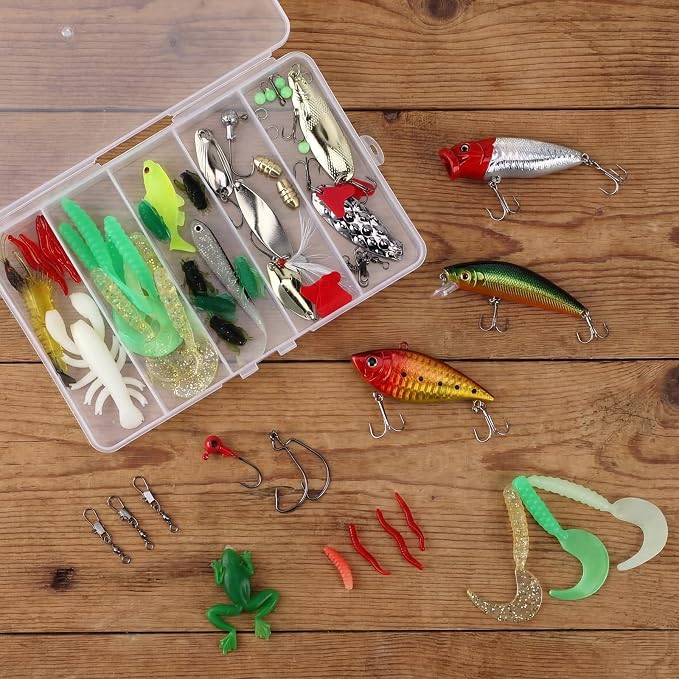 Fishing Lures Kit with Tackle Box, Pliers, Fish Gripper, Saltwater Freshwater Gear Set for Bass Trout, Hooks Weights Bobbers Rigs Leaders