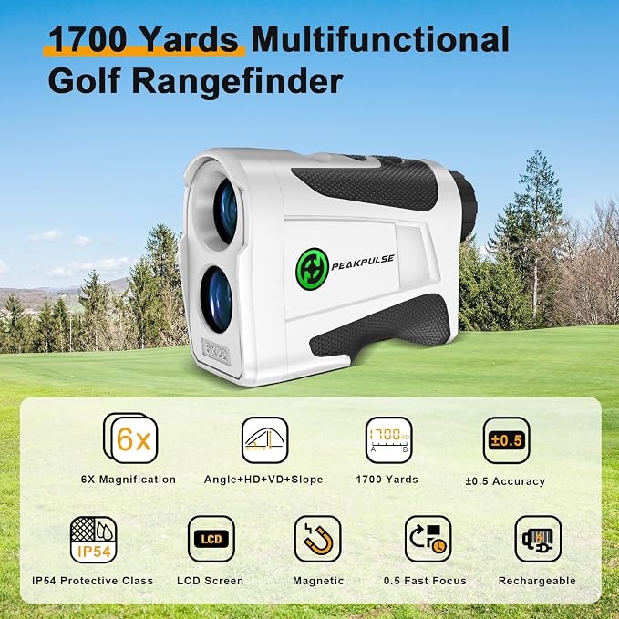 PEAKPULSE 1200 1700 Yds Golf Rangefinder Easy to Clean Slope Magnet Rechargeable 6X Magnification Distance Range Finders Flag Pin Locked Vibration Golfer Gifts Accessories