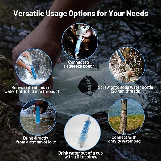 Squeeze Water Filtration System for Hiking, Camping, Travel, and Emergency Preparedness (5 Water Filter Straw, 4 Squeezable 34-Oz Water Pouch)