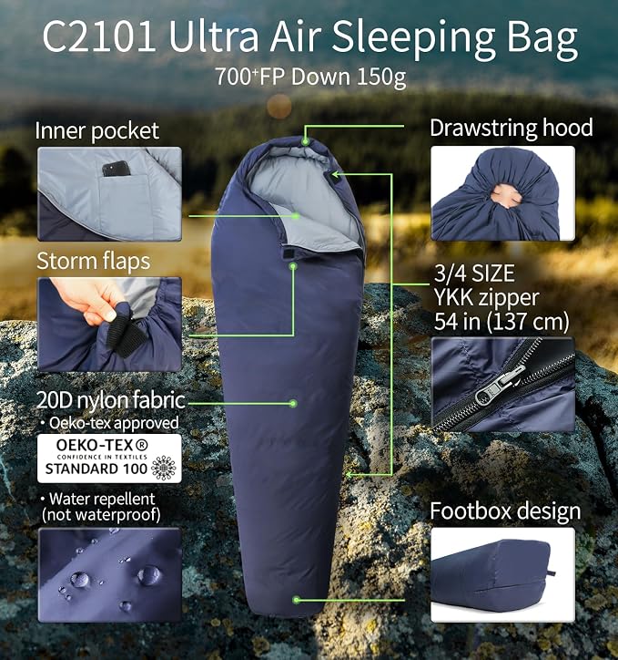 Litume Ultra Compact Down 3 Season Mummy Sleeping Bag, 700 Fill Power Sleep Sack for 3 Season, Ultra Lightweight, Compact and Portable, for Hiking Traveling Camping Backpacking Adult Outdoor Durable