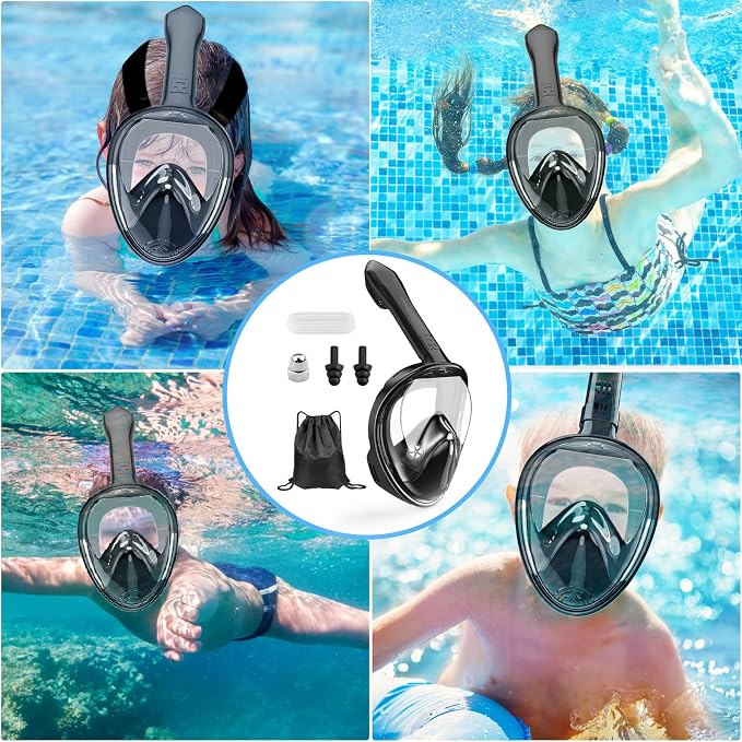 Kids Snorkel Mask Full Face, Snorkeling Gear for Kids with Camera Mount, 180 Degree Panoramic View Snorkeling Set Anti-Fog Anti-Leak
