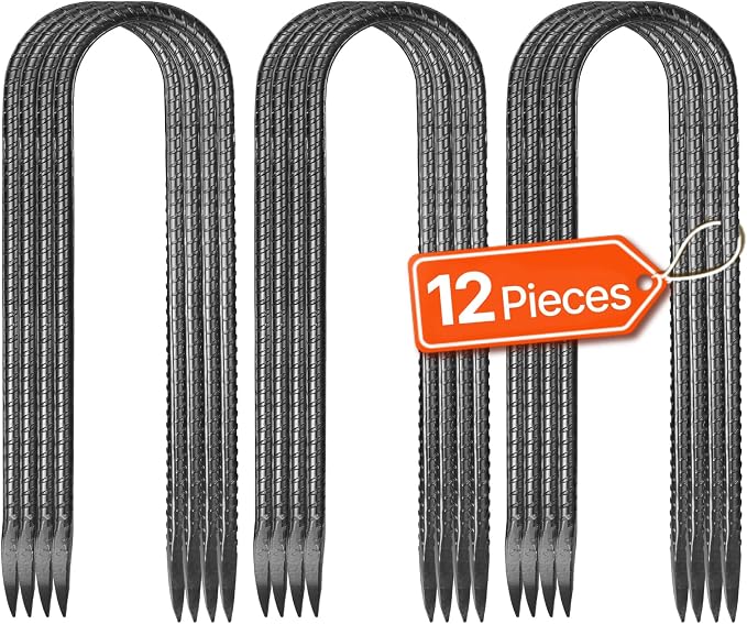 VEVOR Rebar Stakes, 10-Inch, Heavy-Duty 0.32 in Diameter U Shape, Galvanized Steel Ground Anchors with Chisel Point End & Rust-Resistant Coating, for Gardening Support, Fence, Camping Tents (12-Pack)