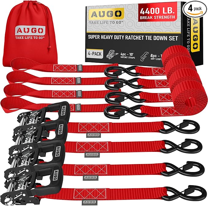 AUGO Heavy Duty Ratchet Straps & Soft Loops – Pack of 4 Extra Strong 1.5” by 10’ Ratchet Straps w/S-Hook Safety Latches & 4 Soft Loop Tie Downs – 4400Lb Break Strength for Motorcycles, ATVs, Etc.