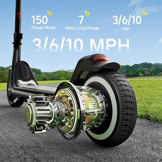 ECOROAD EK6 Kids Electric Scooter for 6-12, 3/6/10mph Speeds for Ultimate Comfort & Adjustable Height, 150W & Dual Brake Safety Electric Scooter, for Outdoor Play, Park Rides (Rider:3.9-5.2 FT)