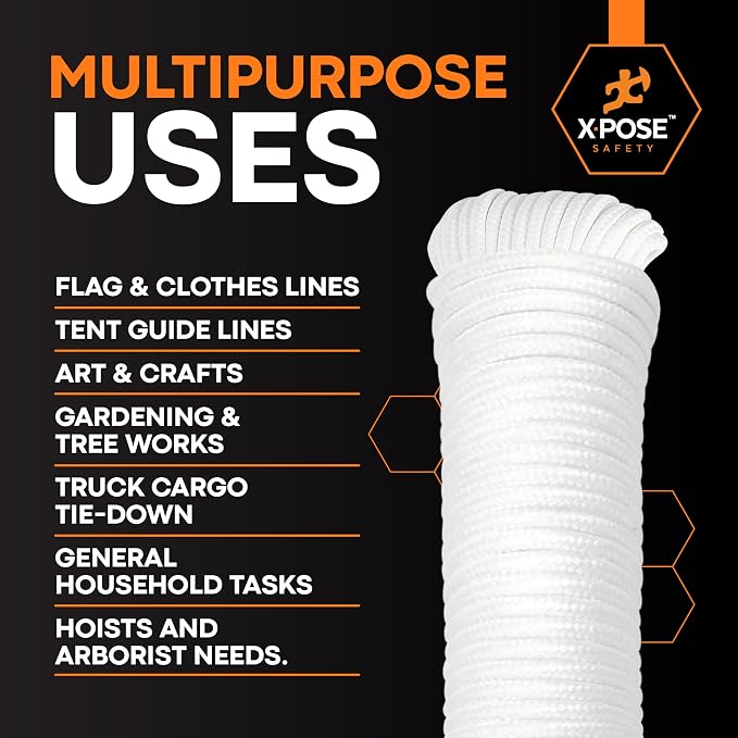 Xpose Safety Diamond Braided Clothesline Rope 6/32" x 100 ft, White Polypropylene Heavy Duty Braided Cord for Clothesline, Camping, Tents, Flagpole, Hoist, Pulley & Outdoor Use, 6 Pack