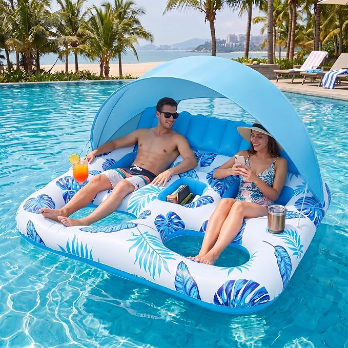 Chumia Pool Floats with Canopy for Adult, UPF50+ 1-2-3 Person Inflatable Floats with Sun Shade Backrest Footrest and Cup Holder Heavy Duty for Pool Lake River Beach Ocean Summer Party Supply