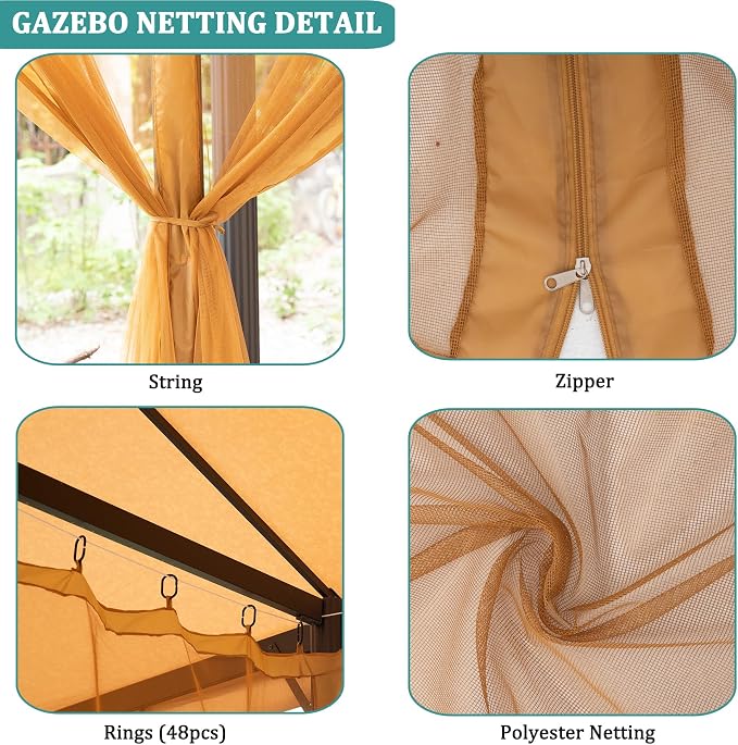 Gazebo Mosquito Netting 10x10ft, Replacement Universal Gazebo Netting with Zippers for Outdoor Garden Patio 4-Panel Screen Sidewalls, Brown (Mosquito Net Only)