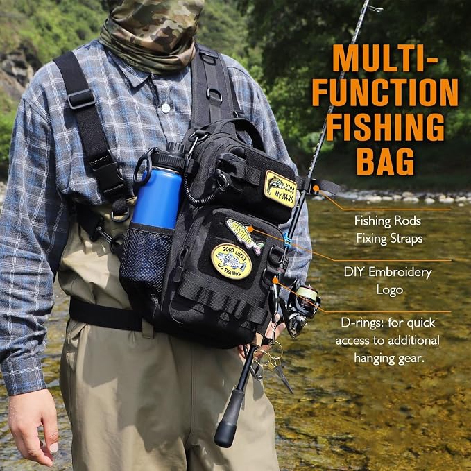 Dovesun Small Fishing Backpack with Tackle Boxes Fishing Sling Bag DIY Embroidery Patches Tackle Bag Gift for Men Black