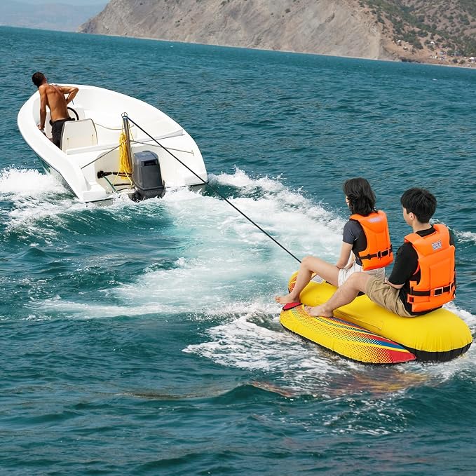 Towable Tubes for Boating, Inflatable Hot Dog Water Tube for Boat to Pull, Water Sports Banana Boat Tubes and Towables w/Double Stitched Nylon Cover, Padded Seat, Easy Grip Handles