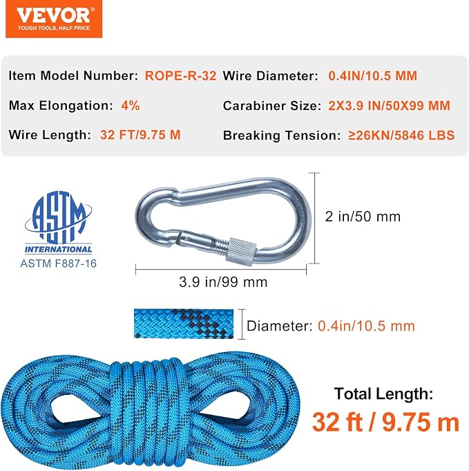 VEVOR Static Climbing Rope, 32 ft Outdoor Rock Climbing Rope with 26KN Breaking Tension, 0.4'' /10 mm High Strength Safety Rope, Escape Rope with 2pcs Carabiner and Storage Bag
