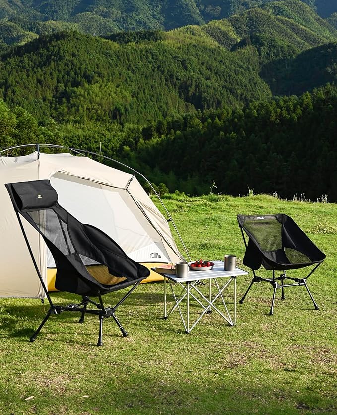 iClimb Ultralight Compact Camping Folding Beach Chair with Anti-Sinking Large Feet and Back Support Webbing (Black - Square Frame - 2PC)