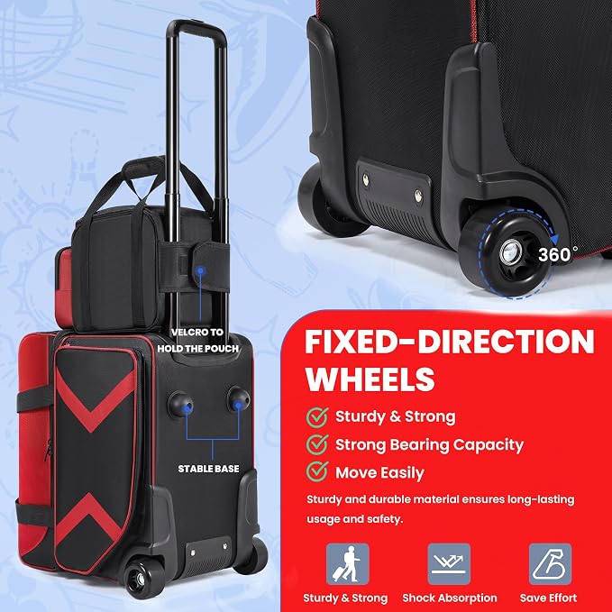 3 Ball Bowling Bag with Wheels, Rolling Bowling Bag 3 Ball Roller with Multi-pocket & Shoe Compartment (Up To US Men Size 16), 2 Ball Bowling Roller Bag PLUS 1 Ball Tote