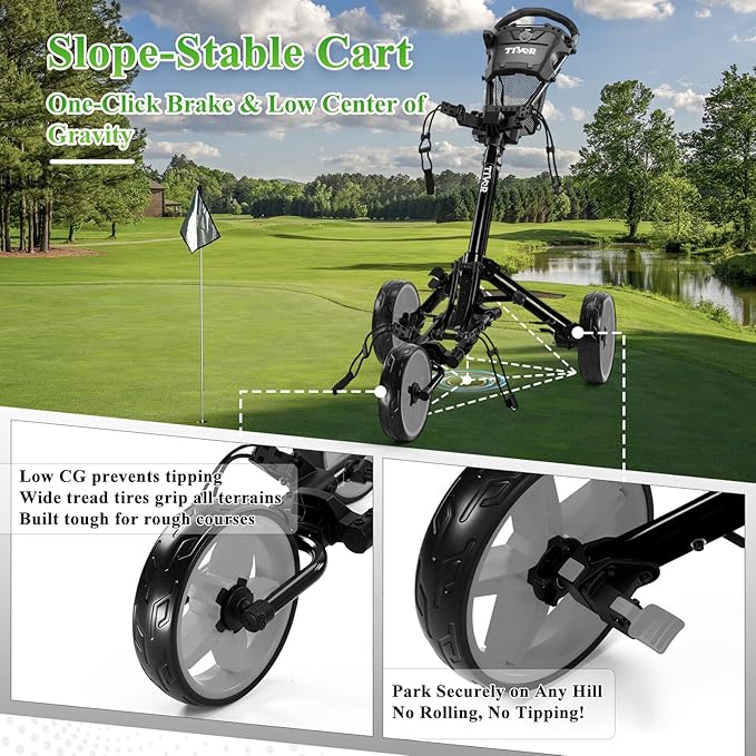 Tivor Lightweight Golf Push cart 3 Wheel,Foldable Golf Trolley for Adults and Junior with Ergonomic Adjustable Handle, Scorecard Holder, Umbrella Mount, Foot Brake, All-Terrain Wheels