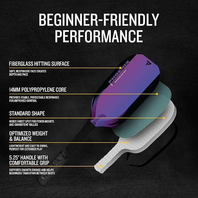 Paddletek Phoenix Genesis 2 – 14mm Pickleball Paddle – Fiberglass Composite Face – Easy Power & Soft Feel – USAPA Approved Pickle Ball Paddle – 5.25 Inch Handle