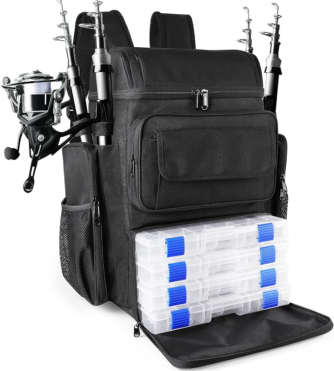 Fishing Tackle Backpack With Rod Holders, 45L Large Tackle Bag & Fishing Tackle Backpack for Fishing, Camping, Hiking,Black