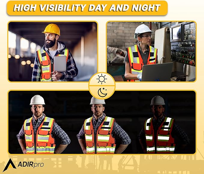 AdirPro Surveyor Safety Vest with Pockets - High visibility Reflective Construction Vest