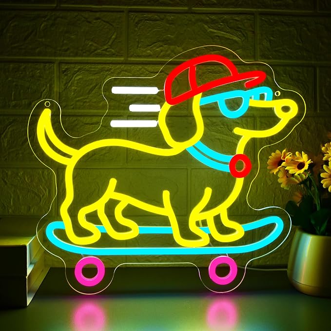 Dachshund Skateboarding Neon Sign for Wall Decor Dog Neon Light Man Cave | Dimmable Neon,Birthday Cartoon Gifts,5V USB Powered,Skateboard Club,Bar,Shop Decor, Teen Boys Bedroom Wall Art,13.7*12.4in