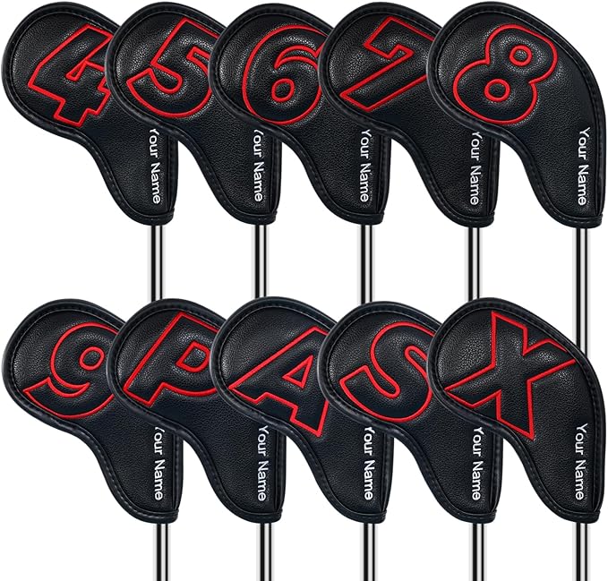 Craftsman Golf 10pcs Red No. on Both Sides Magnetic Closure Classic Black Leather Iron Headcover Covers Set Travel Cases Protector Available Custom with Name